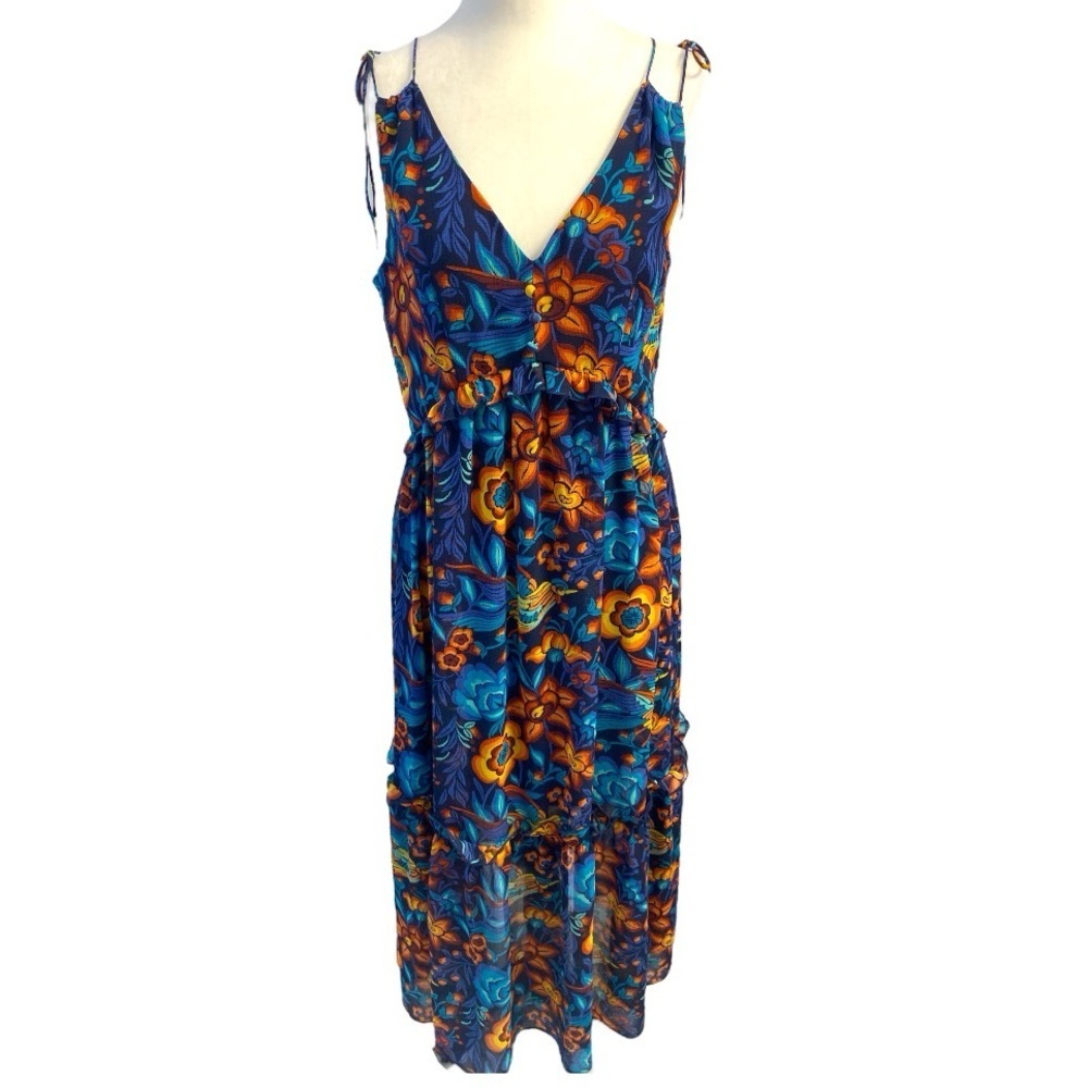Highline Collective V-Neck Floral Print Midi Dress Size M Summer Vacation Airy